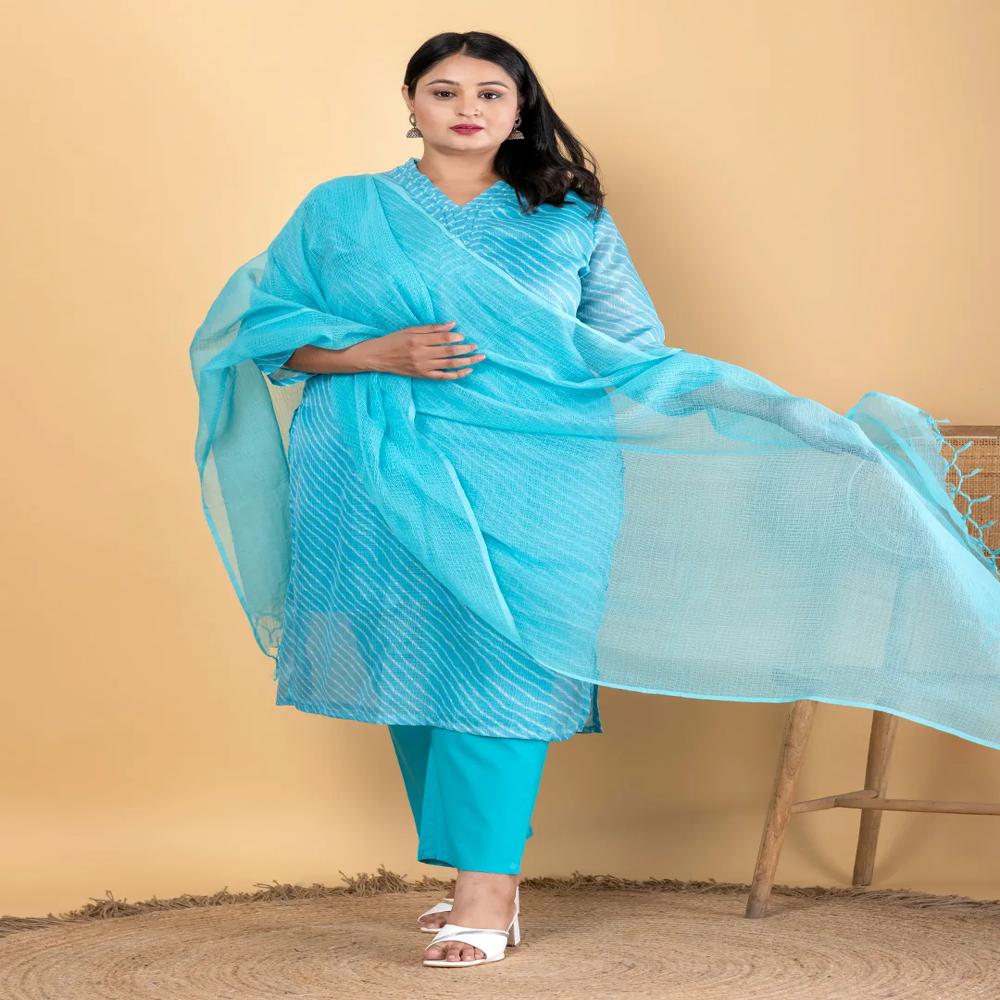Straight Style Kota Doria Fabric Blue Color Kurta With Bottom And Dupatta
