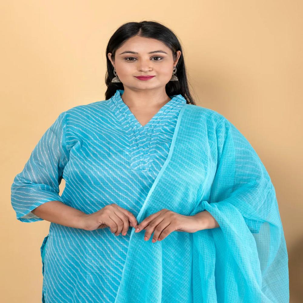 Straight Style Kota Doria Fabric Blue Color Kurta With Bottom And Dupatta