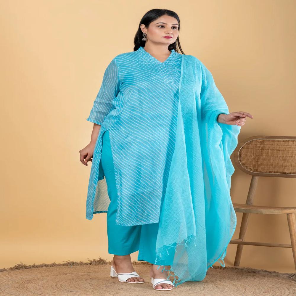 Straight Style Kota Doria Fabric Blue Color Kurta With Bottom And Dupatta