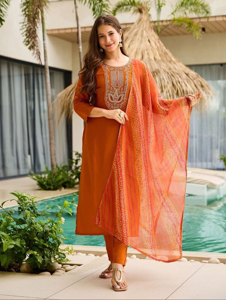 Women's Rayon Embroidered Straight Kurta with Pant And Dupatta Sets