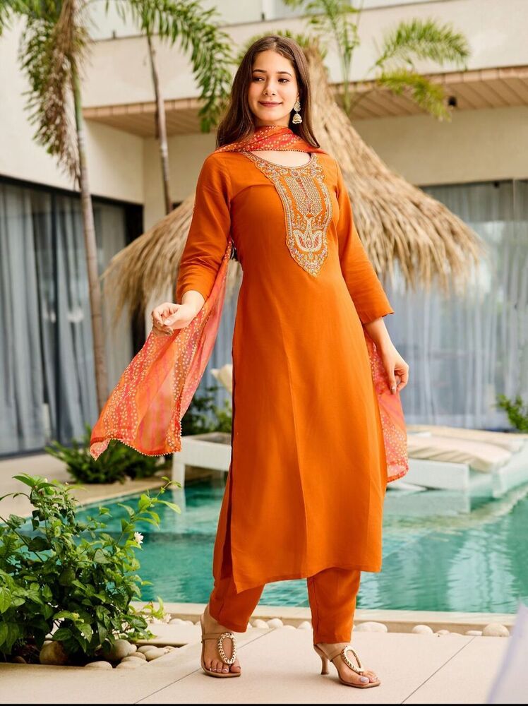 Women's Rayon Embroidered Straight Kurta with Pant And Dupatta Sets