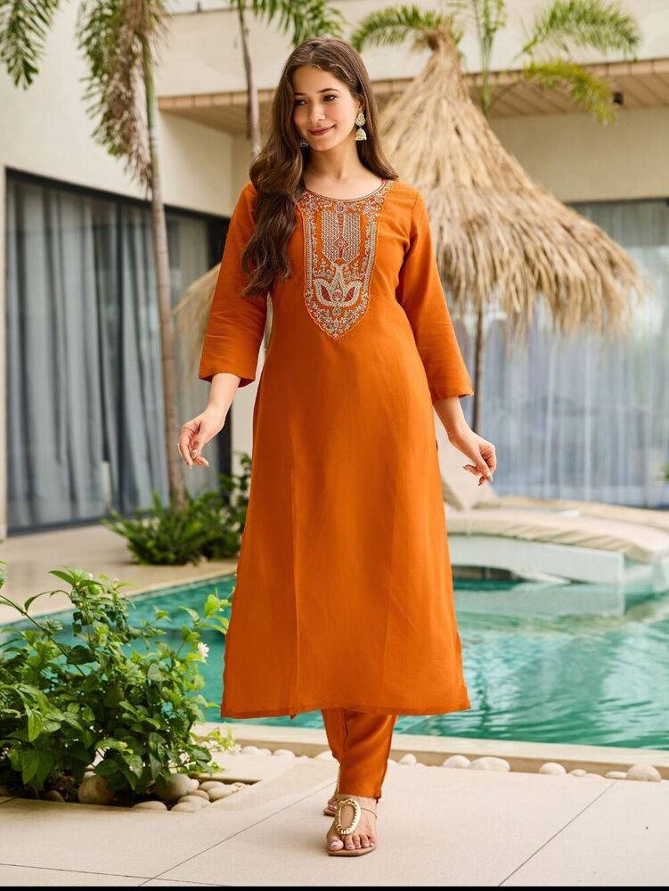 Women's Rayon Embroidered Straight Kurta with Pant And Dupatta Sets