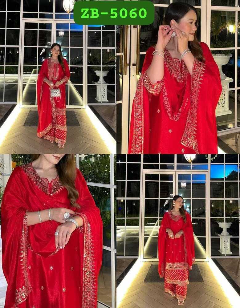 Embroidery Siqunce Work Kurties Set - Color: Red
