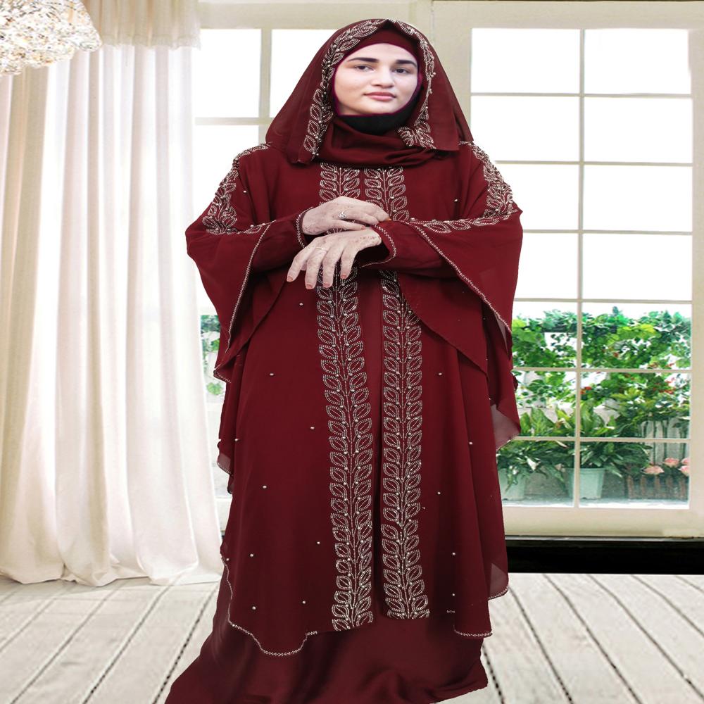 Maroon Abaya Beads & Stoned Burqa For Women Modest Wear Islamic Dubai Abaya - Cotton, Sizes S/M/L, Deep Maroon with Grey Undertones, Hand Washable, All Season Wear