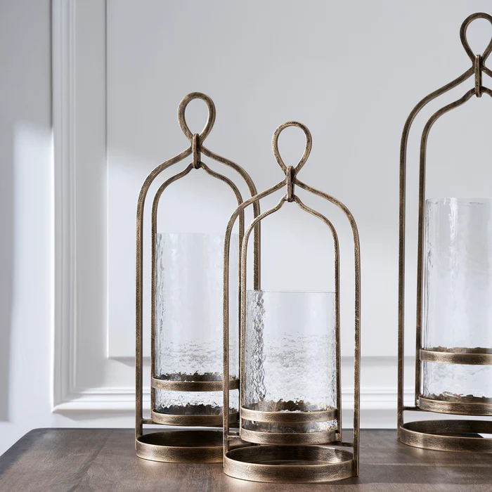 Transitional Iron Metal and Glass Candleholder in Brass