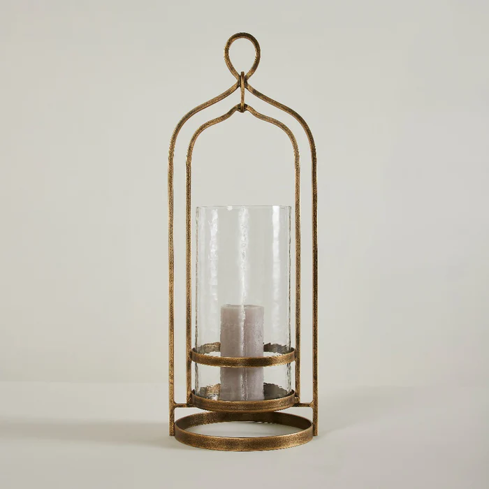 Transitional Iron Metal and Glass Candleholder in Brass