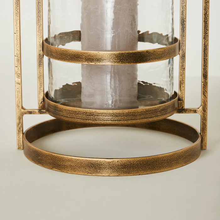 Transitional Iron Metal and Glass Candleholder in Brass