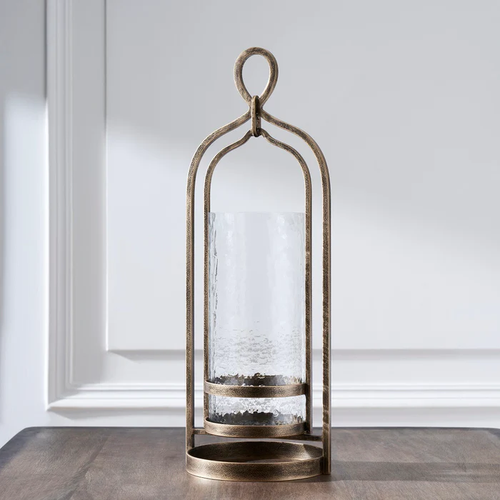 Transitional Iron Metal and Glass Candleholder in Brass