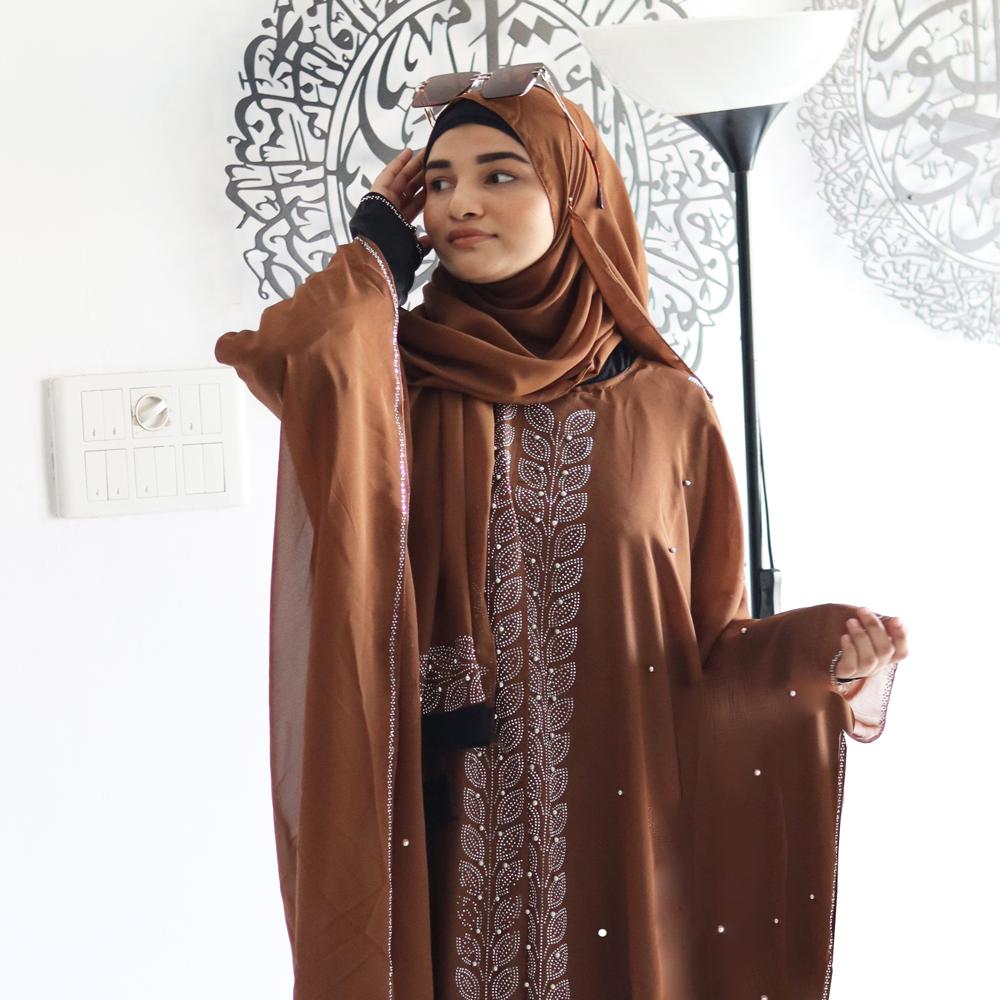Brown Abaya Beads & Stoned Burqa For Women Modest Wear Islamic Dubai Abaya - Cotton Fabric, Sizes S/M/L, Deep Brown with Grey Undertones, Elegant Design