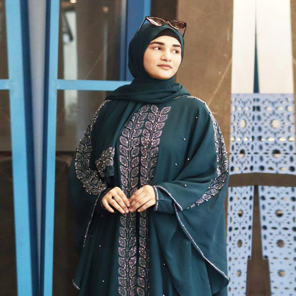 Green Abaya Beads & Stoned Burqa For Women Modest Wear Islamic Dubai Abaya - Cotton | Sizes S, M, L, Color: Deep Green with Grey Undertones, Hand Washable