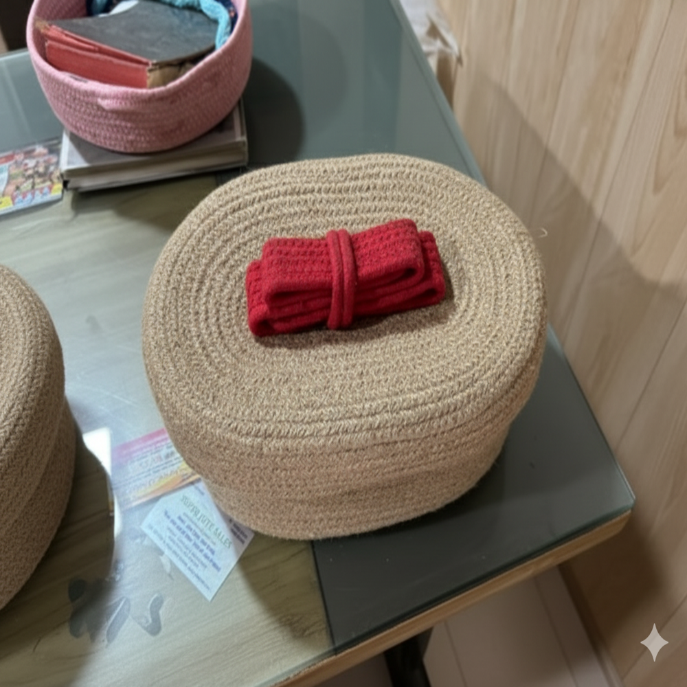 Handmade Round Sabai Grass Shelf Basket 8*3 10*5 Inches - Color: Cream & Mud Colour