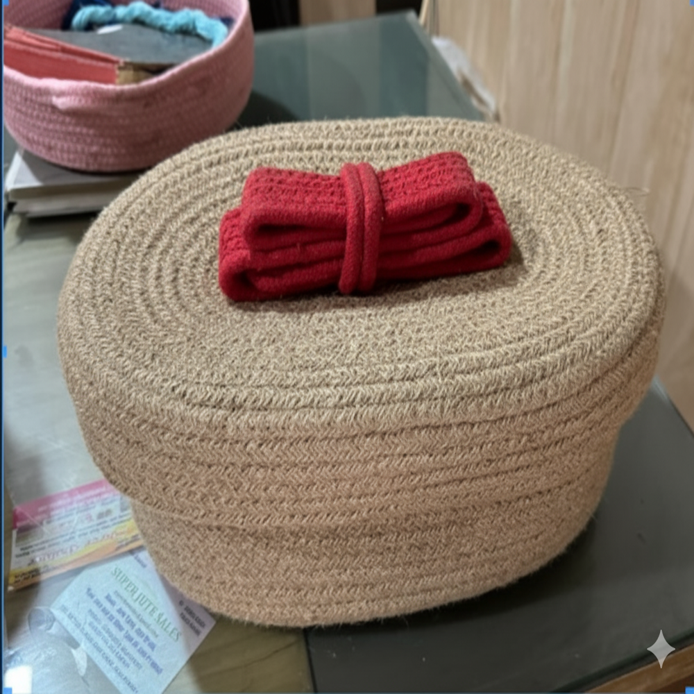 Handmade Round Sabai Grass Shelf Basket 8*3 10*5 Inches - Color: Cream & Mud Colour