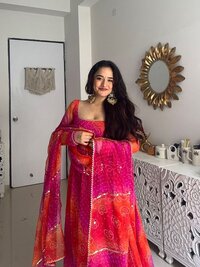 Comfortable Gown With  Faux Georgette Fabric With Printed Work With Stitched Pant And  Dupatta - Design: Classic