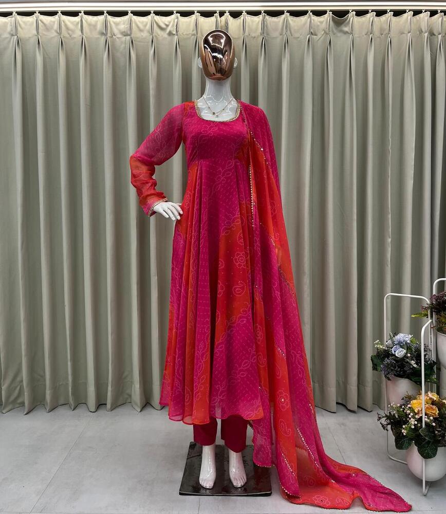 COMFORTABLE GOWN WITH FAUX GEORGETTE FABRIC WITH PRINTED WORK WITH STITCHED PANT AND DUPATTA