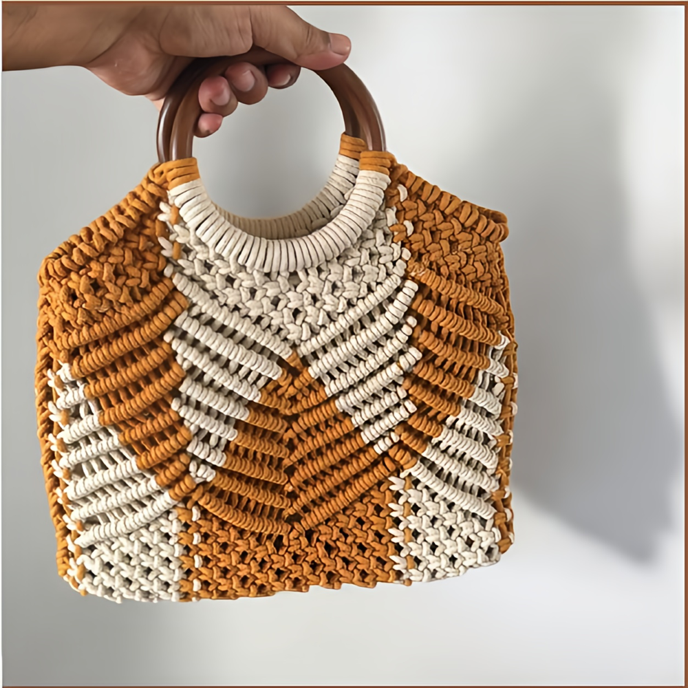 Knotted Macrame Fashionable Bag With Round Handle - Color: White