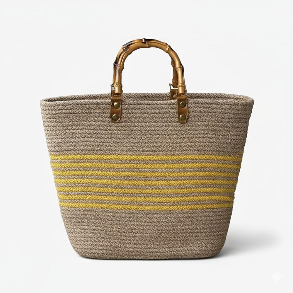 Designer Handbag With Bamboo Handle - Color: Natural/yellow