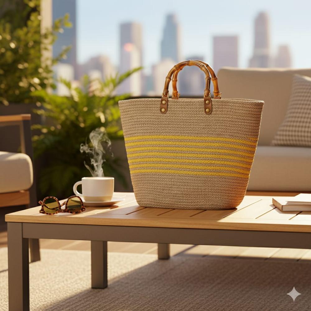 Designer Handbag With Bamboo Handle - Color: Natural/yellow