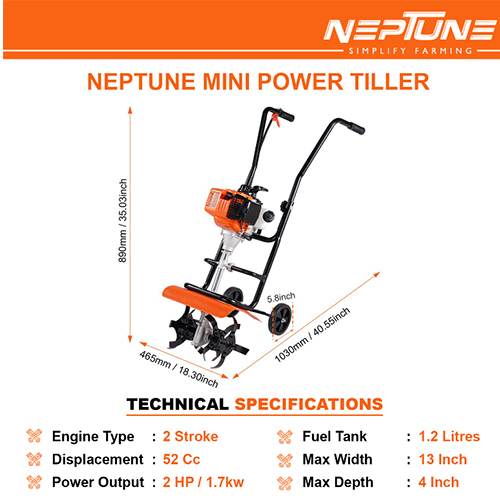 Neptune NC-52T Mini Tiller with 2 Stroke Advanced Technology 52 CC Petrol Engine