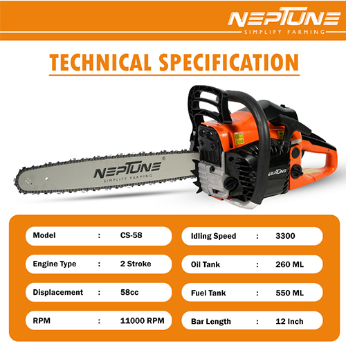 Neptune CS-58 Heavy Duty 58CC Powerful 2 Stroke Petrol Chain Saw Woodcutting Saw with 22inch Blade