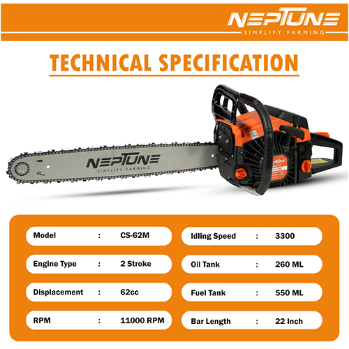Neptune CS-62 Heavy Duty 62CC Powerful 2 Stroke Petrol Chain Saw Woodcutting Saw with 22inch Blade
