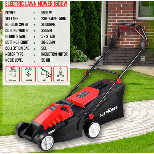 Neptune 1600-watt Electric Hand Push Lawn Mower Single Phase 2hp Motor With 50liter Grass Catcher Box - Color: Black
