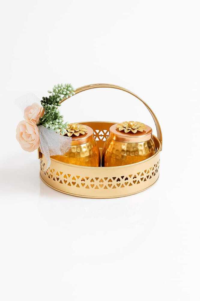 Golden Floral Storage Jars Set With Decorative Tray