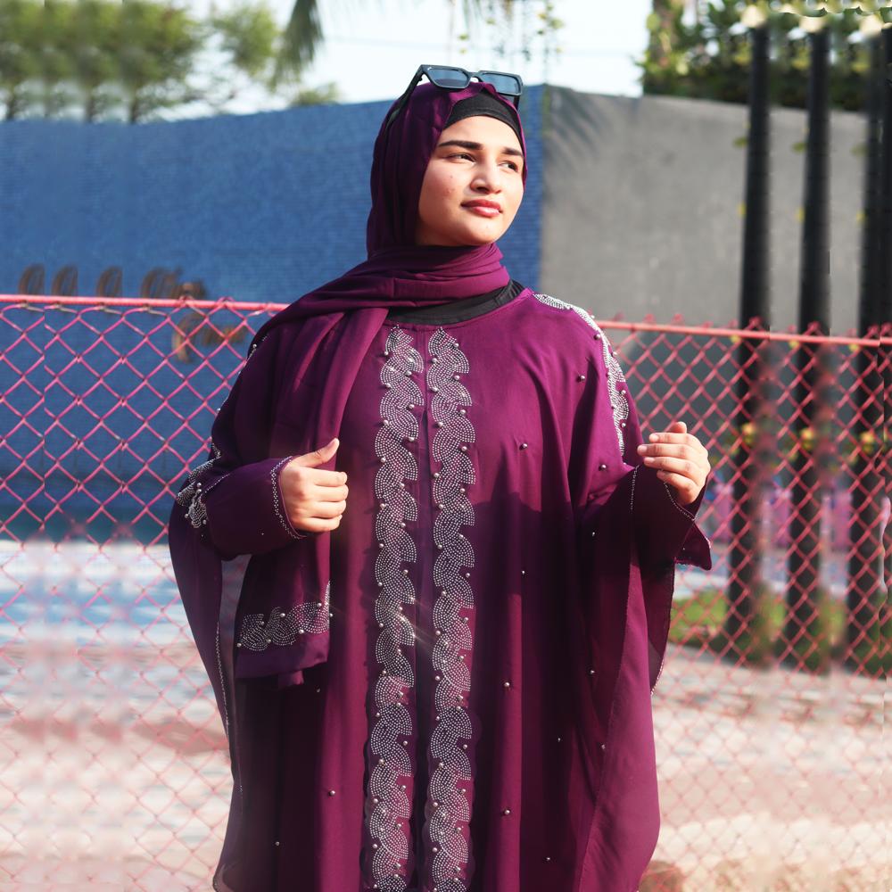 Purple Abaya Beads & Stoned Burqa For Women Modest Wear Islamic Dubai Abaya - Cotton Fabric, Sizes S/M/L, Deep Purple with Grey Undertones | Classic Design, Washable, Versatile for All Seasons