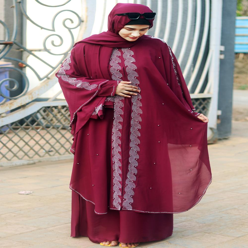 Maroon Abaya Beads & Stoned  Burqa For Women Modest Wear Islamic Dubai abaya