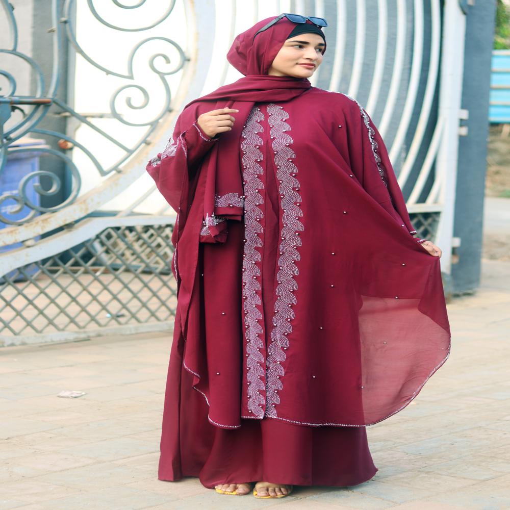 Maroon Abaya Beads & Stoned  Burqa For Women Modest Wear Islamic Dubai abaya