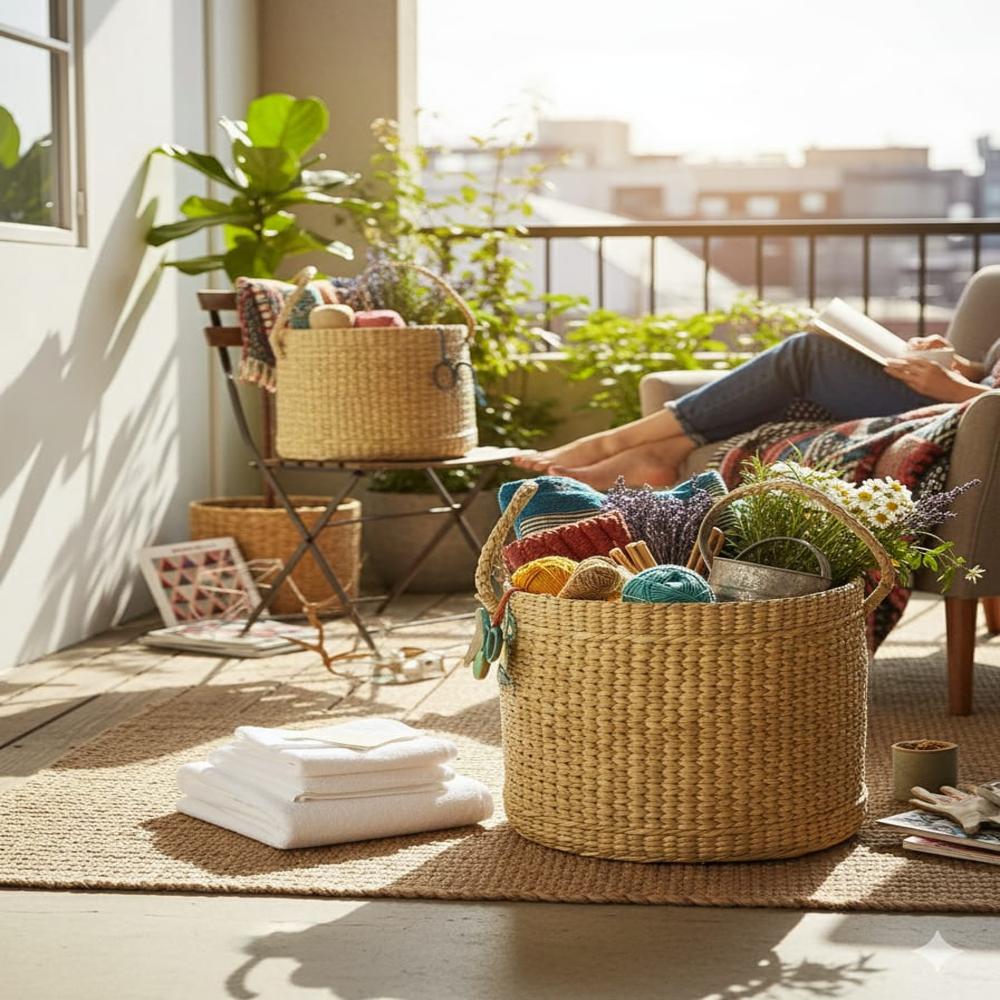 Large Round handmade Kauna Seagrass basket with handles