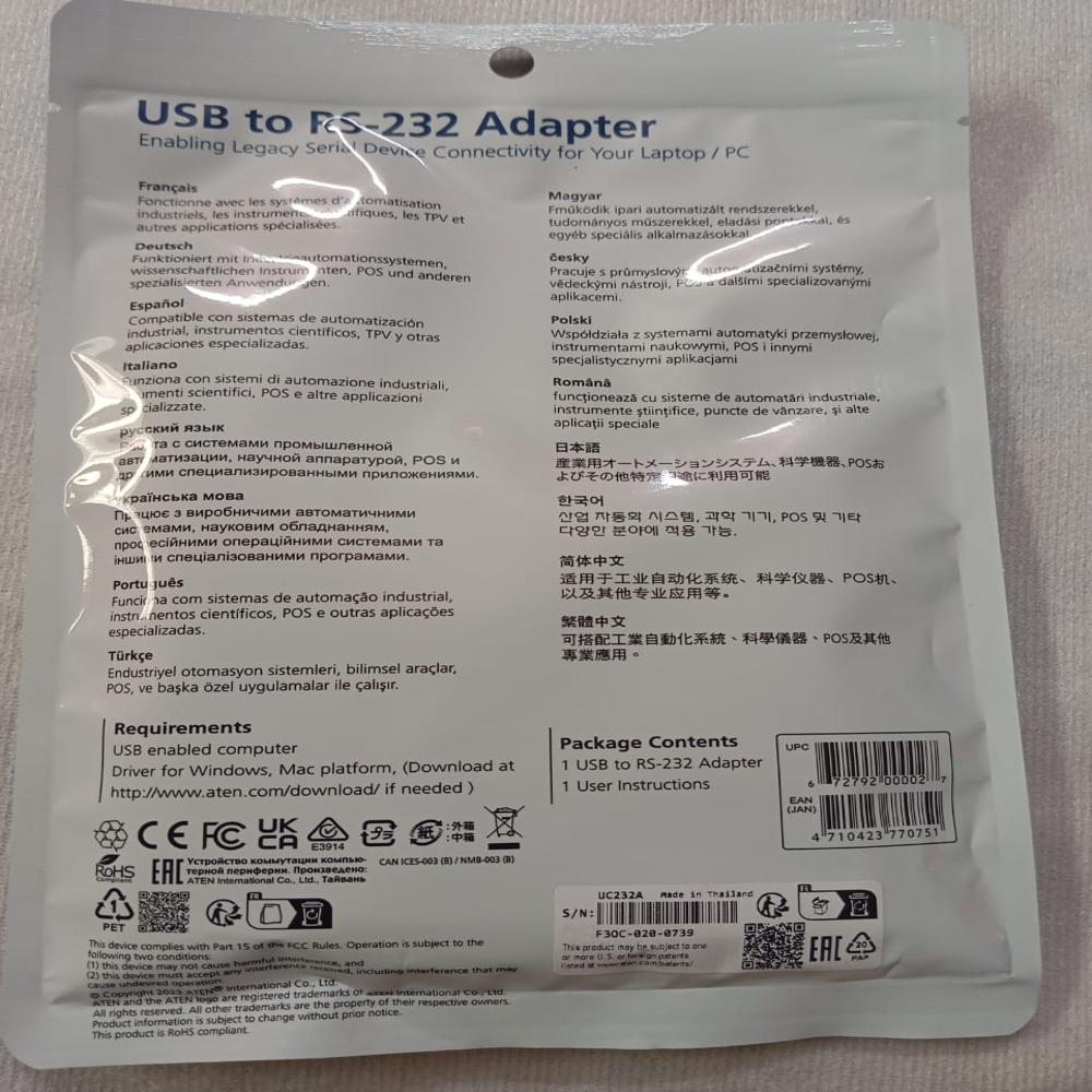 Usb To Rs-232 Adapter (Atten Uc232a) - Application: Computer Networking Cable