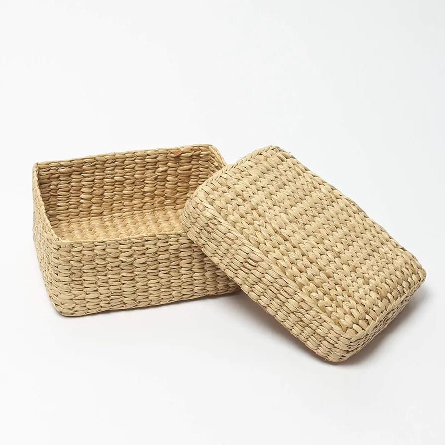 Kauna Basket With Lid - Square Natural Kauna Grass Storage Basket | Organic Material, Professional Style, Handle-free Design