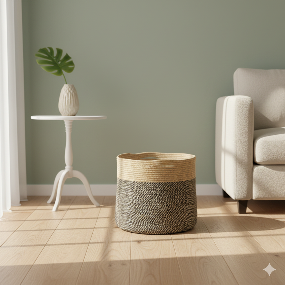 Natural and White Jute and Cotton Storage  Basket