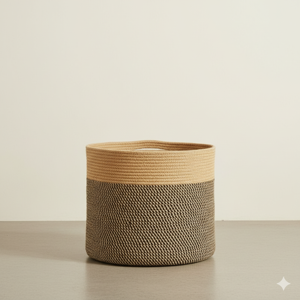 Natural and White Jute and Cotton Storage  Basket
