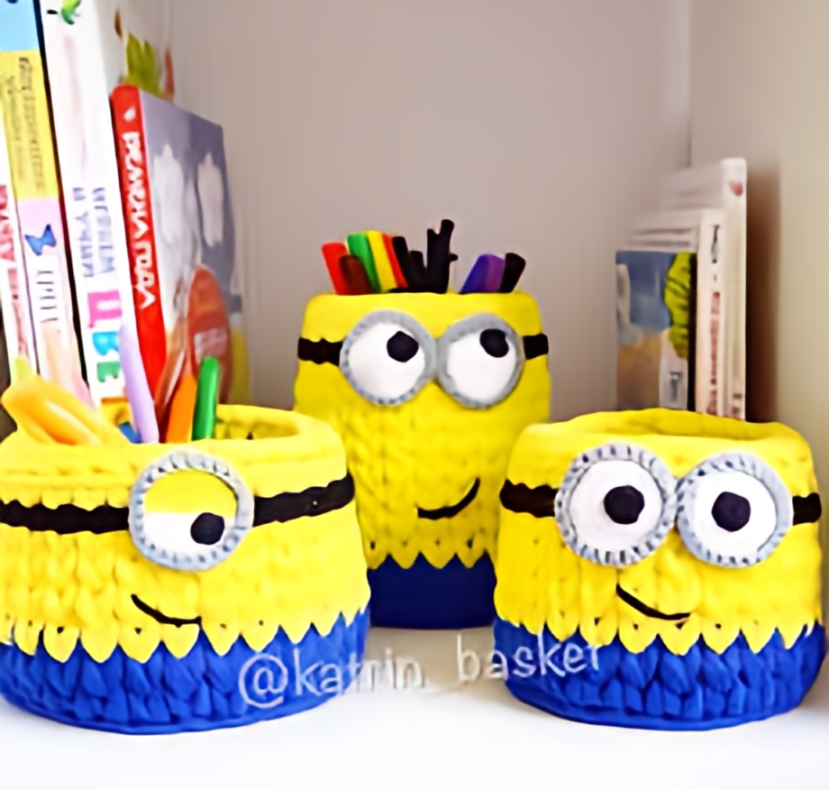 Minion Storage Basket - Cotton Material, 5.5x5.5 & 8x7 Inch Sizes | Cute Round Design, Yellow And Blue, Handle-free