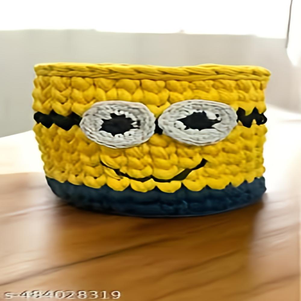 Minion Storage Basket - Cotton Material, 5.5x5.5 & 8x7 Inch Sizes | Cute Round Design, Yellow And Blue, Handle-free