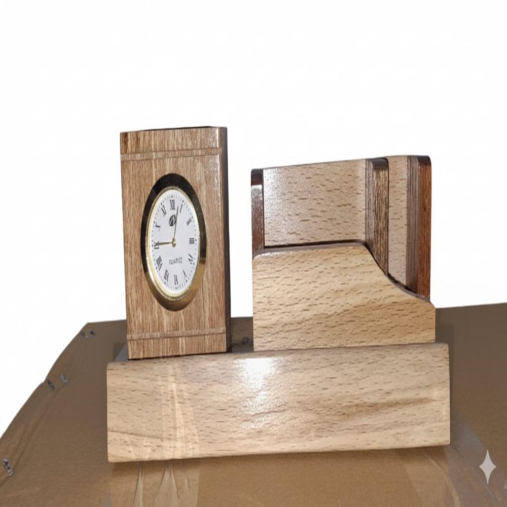 Desktop Wooden Pen Holder With Clock