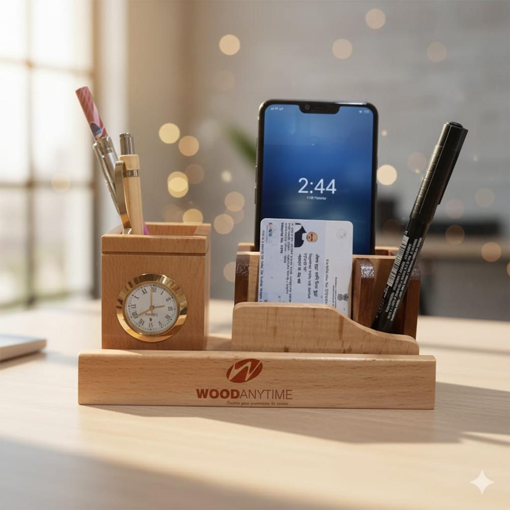 Desktop Wooden Pen Holder With Clock