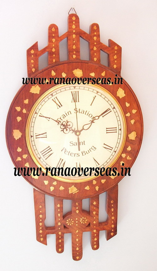 Sheesham Wood Brass Inlay Wall Hanging Clock - 24 Inches Round Design, Brown Color, 1.4-2.34 kg Weight - Unique Charm and Fashion Statement