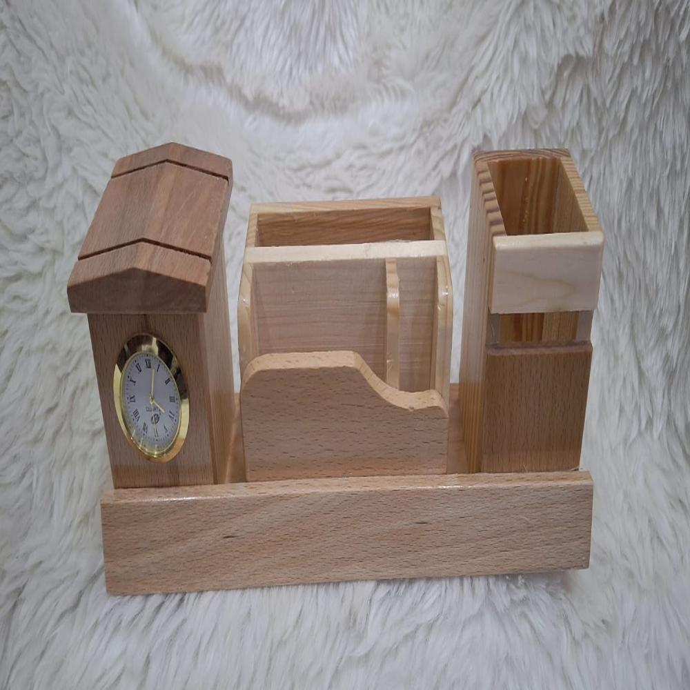 Wood Pen Holder With Clock