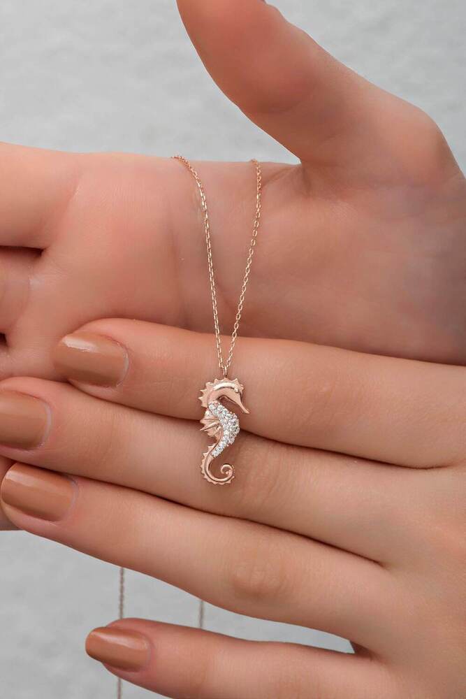 Elegant Sea Horse Necklace in 18K Rose Gold with Lab Grown Diamonds & Chain