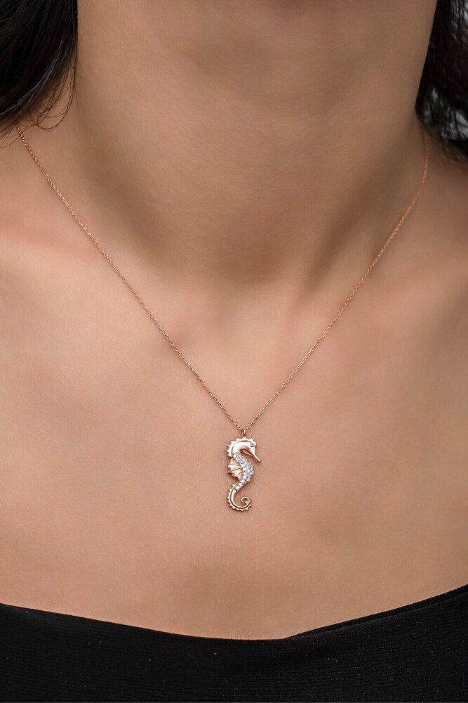 Elegant Sea Horse Necklace in 18K Rose Gold with Lab Grown Diamonds & Chain
