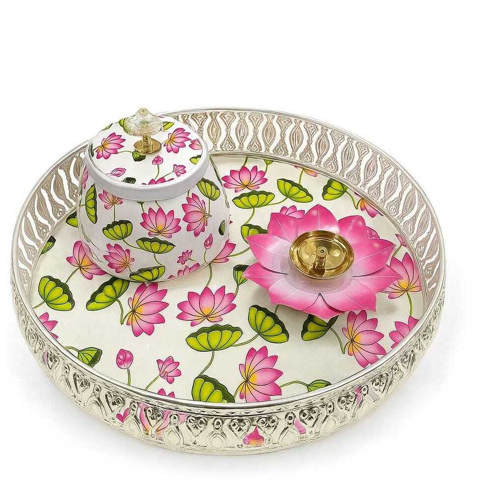 German Silver Tray + Jars + Diya Combo - Design Type: Traditional / Antique Finish