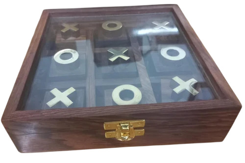 Tick Tack Toe Wooden Family Board Game Metal Naught Crosses Storage Box - Color: Silver
