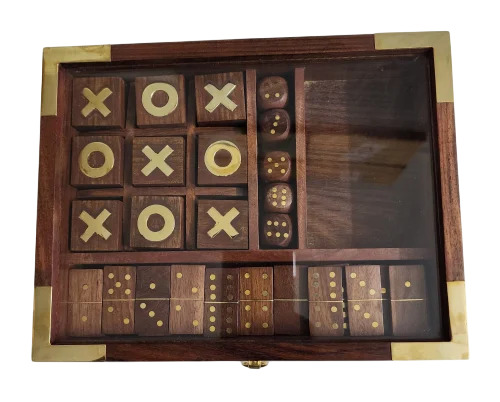 Wood Carving Works 4 In 1 Wooden Tic Tac Toe Dominoes Card Box - Age Group: Up To 10 Yrs