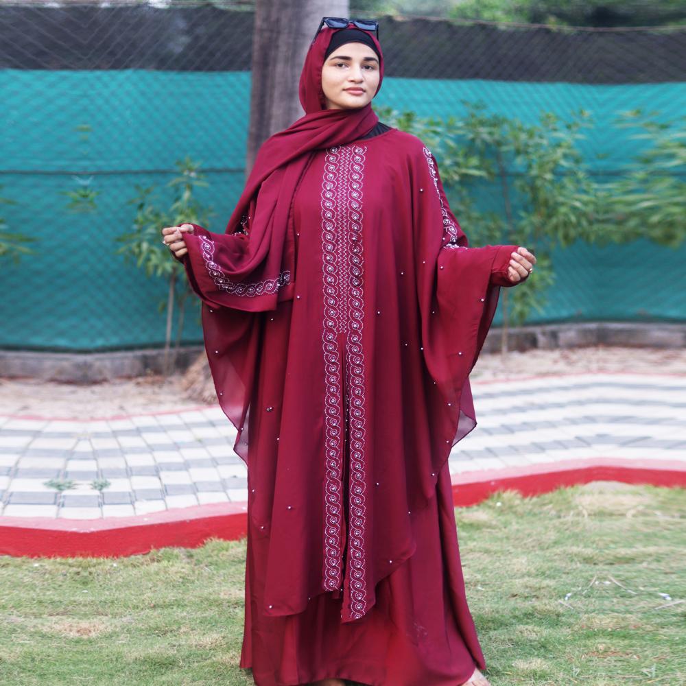 Maroon Abaya Beads & Stoned  Burqa For Women Modest Wear Islamic Dubai abaya