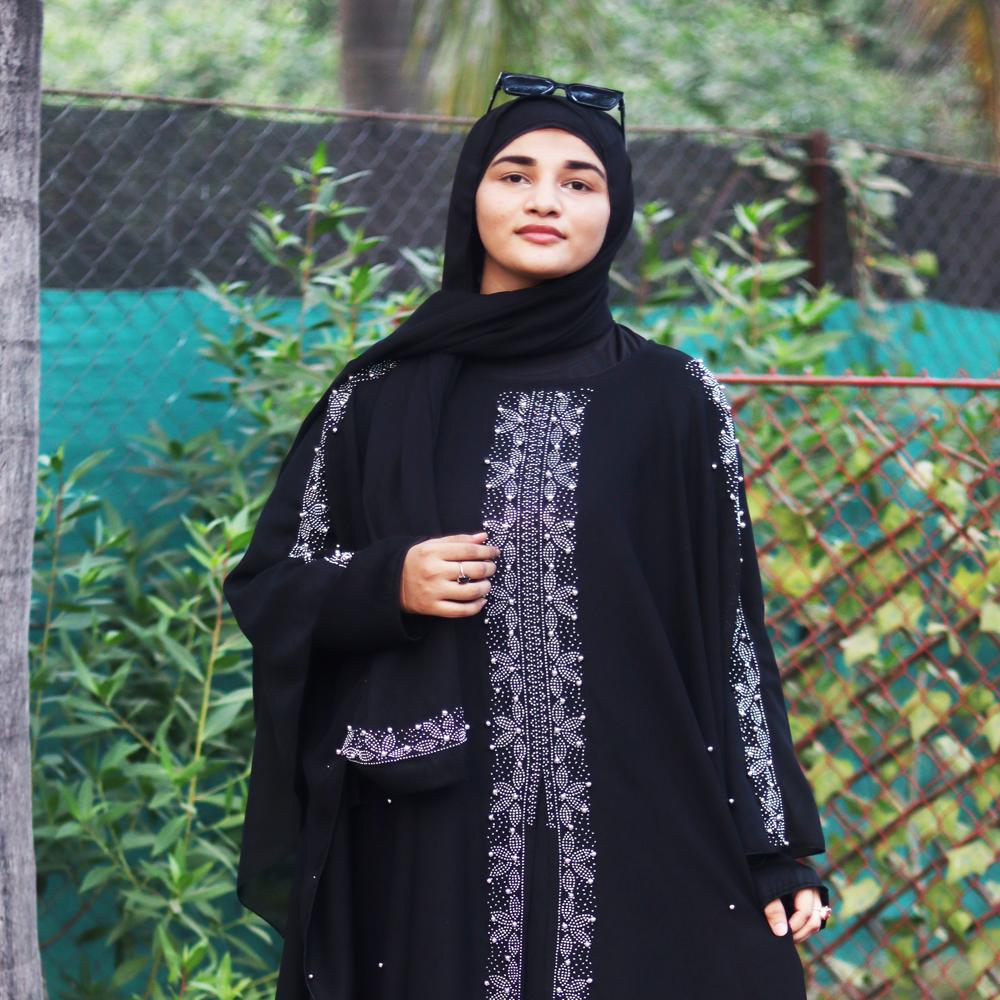BlackAbaya Beads & Stoned Burqa For Women Modest Wear Islamic Dubai Abaya - Cotton [S M L] Sizes Deep Black with Grey Undertones Hand Washable Casual Style