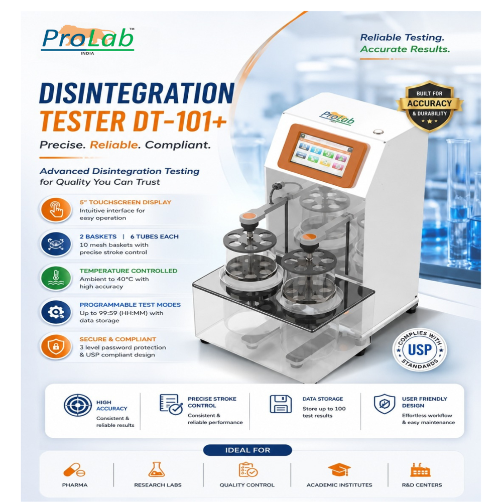 Tablet Disintegration Tester - Borosil Glass & Metal, Standard Size, White Color, 1L Capacity, Automatic Touchscreen Control | 21CFR Compliance, Password Protection, 1 Year Warranty