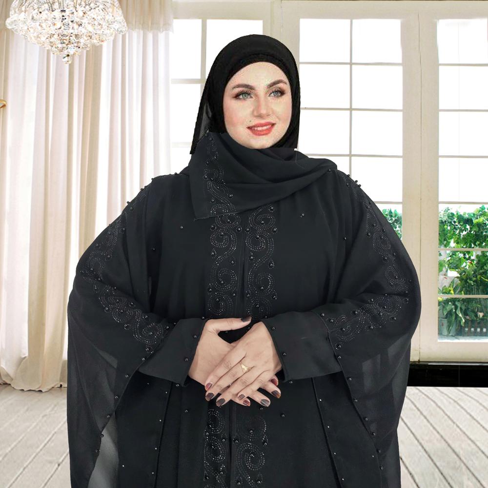 Black Abaya Beads & Stoned Burqa For Women Modest Wear Islamic Dubai Abaya - Cotton, Sizes S/M/L, Deep Black with Grey Undertones | Hand Washable, Elegant Beads & Stone Design, All Season Comfort