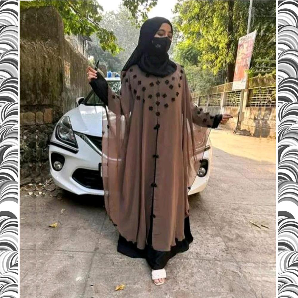 Brown Farasha With Velvet Flower Work - Nida Fabric, Sizes S/m/l | Washable, Casual Style, All-season Wear, Hand Wash Care